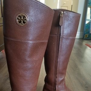 Tory Burch brown logo riding boots, 6.5
